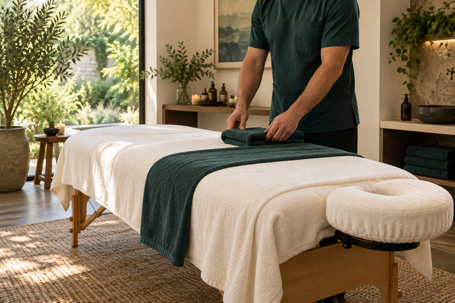 Visuel d’ambiance : un masseur prépare une table accueillante, sans client, son visage hors champ