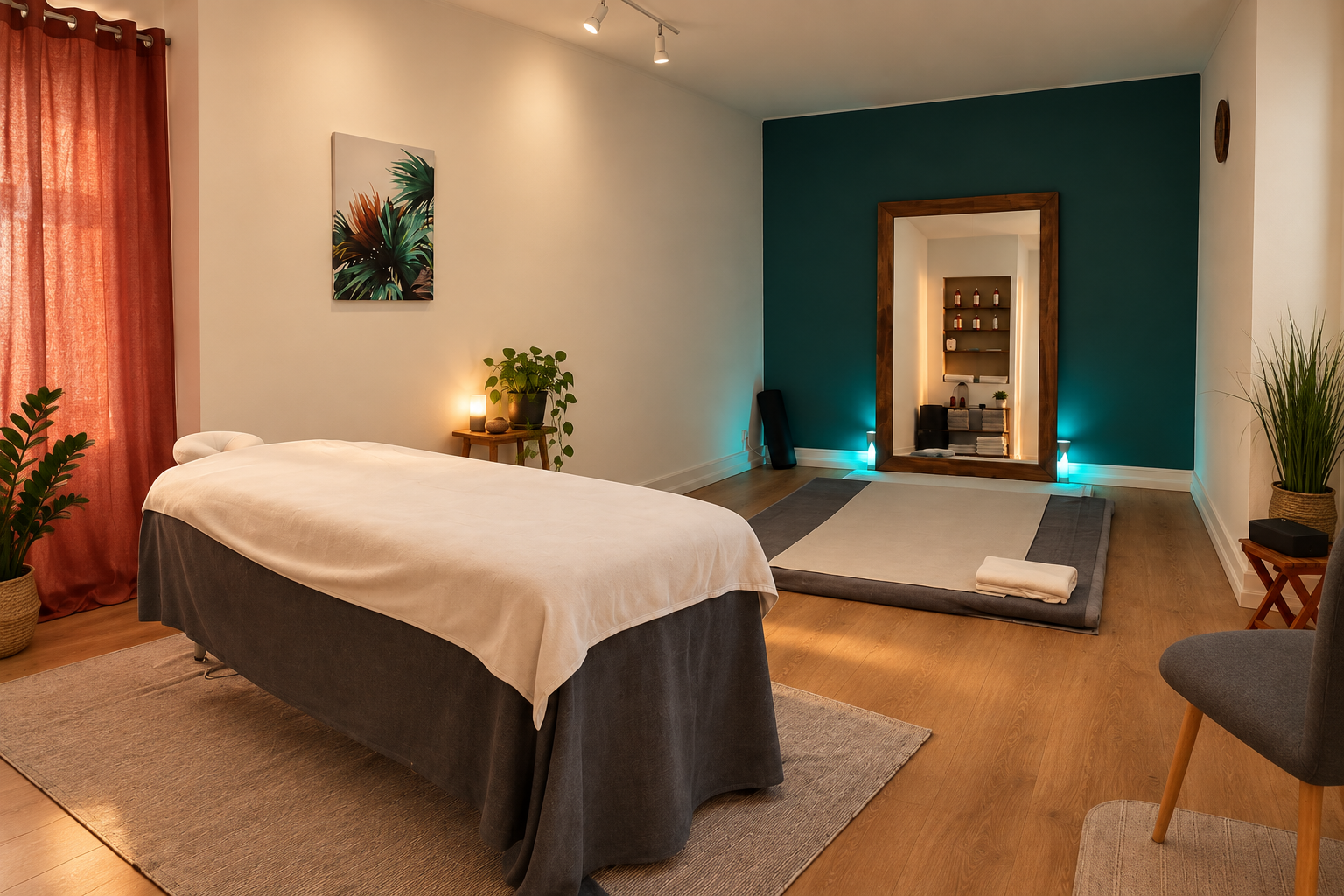 Création inspirée des espaces du studio : table de massage, futon et mur vert pétrole